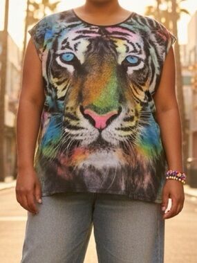 Y2K Deb Plus 2X Colorful Tiger Graphic Shirt Oversized Streetwear Top High Low